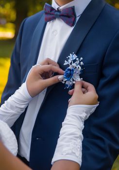 Wedding. Hands of the bride in wedding gloves adjust the decoration in the form of a rose flower on a blue suit of the groom with a white shirt and bow-tie.