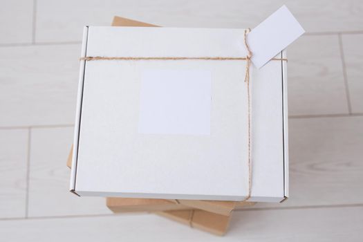 Many boxes with space for advertisement delivered from online store. Internet shopping and delivery.