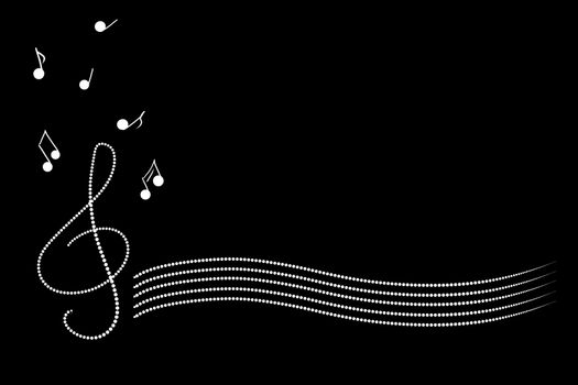 white treble clef, falling notes and stave on black background, copy space