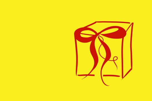 gift box with a red bow on a yellow background, copy space, illustration.