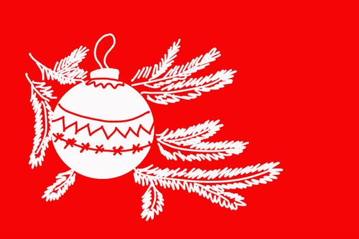 white Christmas ball on coniferous branches on a red background, copy space