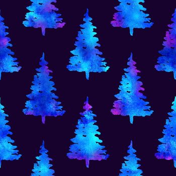 XMAS watercolour Fir Tree Seamless Pattern in White Color on Dark Blue background. Hand-Painted Spruce Pine tree wallpaper for Ornament, Wrapping or Christmas Decoration.