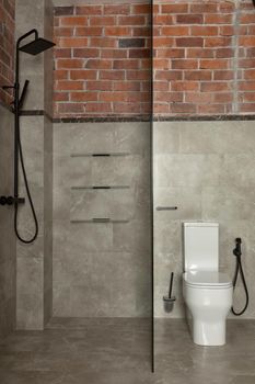 Glass screen dividing small bathroom into zone with traditional black twin shower and area with white coupled toilet