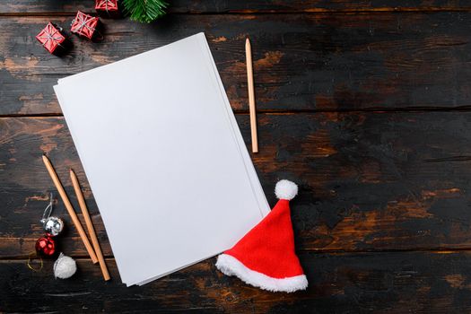 New Year on blank paper and decor set, top view flat lay , with copy space for text, on old dark wooden table background