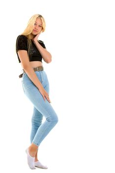 A sweet girl straightens her hair. The concept of fashion and style. Isolated over white background