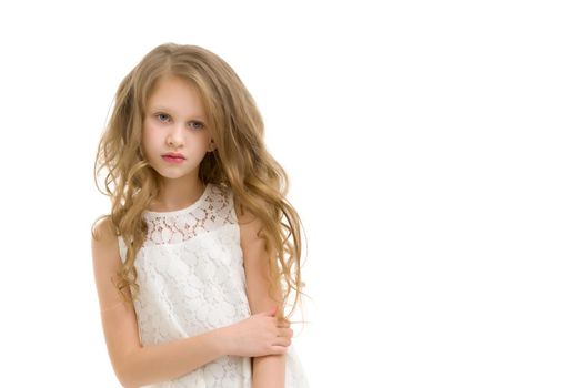 Beautiful little girl close-up. The concept of beauty and fashion, happy childhood. Isolated on white background.