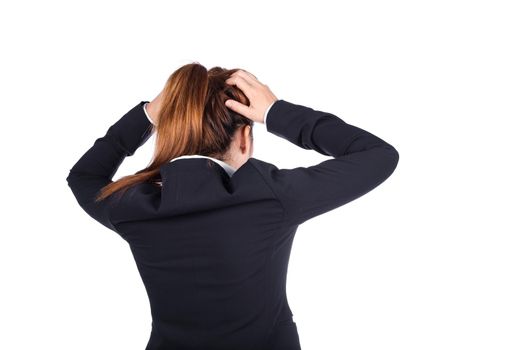 Worried business woman isolated on white background