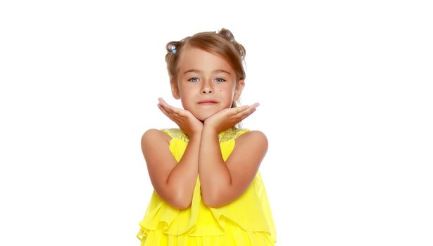 Beautiful little girl close-up. The concept of beauty and fashion, happy childhood. Isolated on white background.