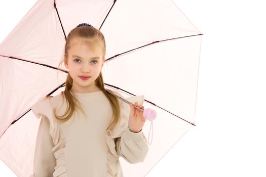 Beautiful little girl with umbrella. Concept of weather, climate change. Isolated on white background