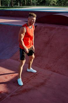sports man doing exercises on the sports field fitness. High quality photo