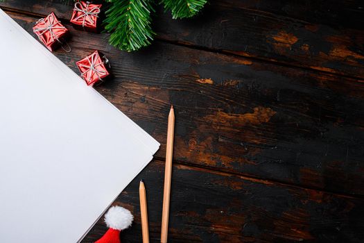 Checklist, plans and dreams for New Year. Wish empty list set, top view flat lay , with copy space for text, on old dark wooden table background