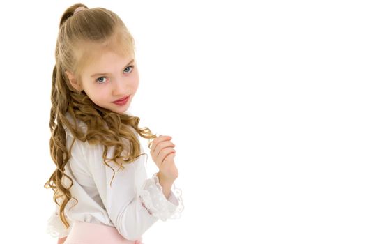 Beautiful little girl close-up. The concept of beauty and fashion, happy childhood. Isolated on white background.