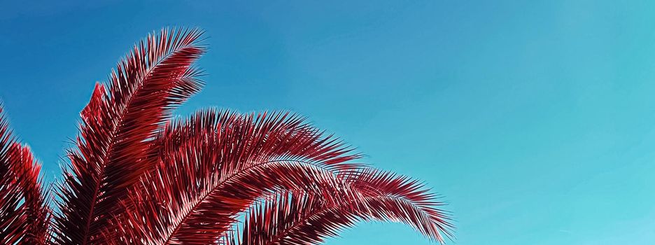 Pop art and tropical nature concept. Red palm tree leaves and blue sky as vintage summer background.