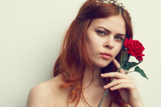 attractive woman with rose flower makeup romance model. High quality photo