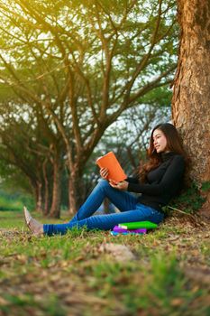 young woman sitting and reading a book in the park