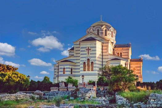 Sevastopol, Crimea. Vladimir Cathedral in Chersonesos - the Orthodox Church of the Moscow Patriarchate on the territory of Tauric Chersonesos
