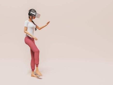 girl with VR glasses walking blindly on minimalistic background in concept of technology, future and gaming. 3d render stylized character