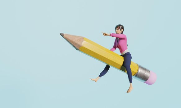 girl on top of a giant pencil and pointing forward in concept of education and back to school. 3d render stylized character