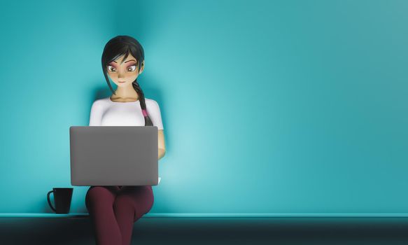 girl sitting with laptop on minimalistic blue background in concept of online work and education. 3d render stylized character