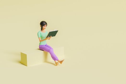 girl sitting reading a book with an impressed face in a minimal space in concept of education, reading and back to school . 3d render stylized character