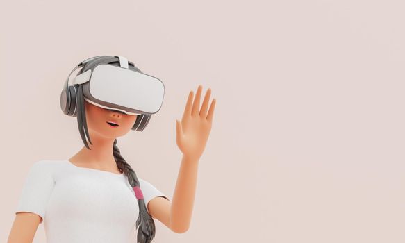 close-up of a girl with VR glasses and raised hand with funny face in concept of technology and gaming. 3d render stylized character