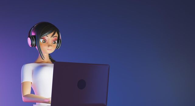 relaxed girl with a laptop illuminating her face and neon lighting in concept of online work and education. 3d render stylized character