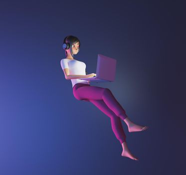 girl with laptop and headphones floating in the air in relaxation mode with neon lighting. 3d render stylized character