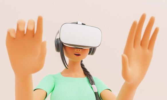 frontal shot of a girl with VR glasses impressed with her hands in front out of focus. futuristic technology and gaming concept. 3d render stylized character