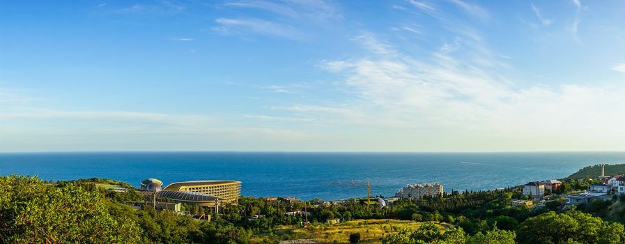 Panorama of the natural landscape with a view of the sea and architecture. Ponizovka Crimea