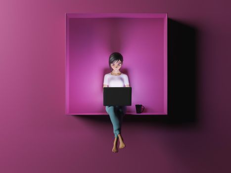 girl sitting on a cube with a laptop illuminating her face in online work and education concept. 3d render stylized character