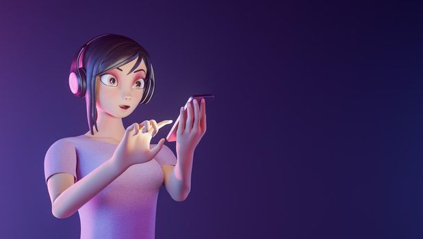 girl with impressed face and a cell phone. scene with neon lighting. 3d render stylized character