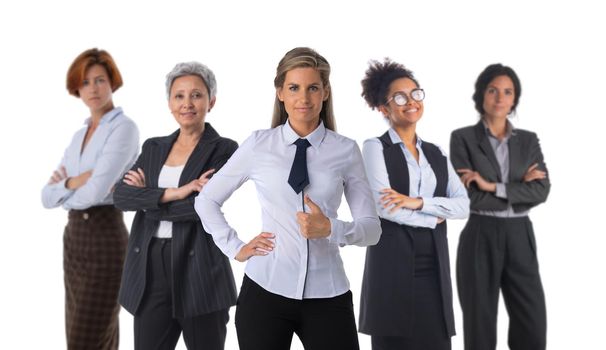 Only females business team formed of young businesswomen isolated over a white background