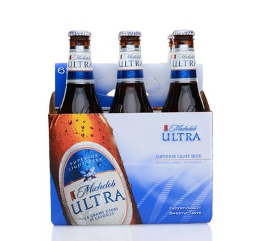 IRVINE, CA - MAY 25, 2014: A 6 pack of Michelob Ultra, side view. Introduced in 2002 Michelob Ultra is a light beer with reduced calories and carbohydrates, from Anheuser-Busch.