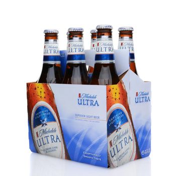 IRVINE, CA - MAY 25, 2014: A 6 pack of Michelob Ultra, 3/4 view. Introduced in 2002 Michelob Ultra is a light beer with reduced calories and carbohydrates, from Anheuser-Busch.