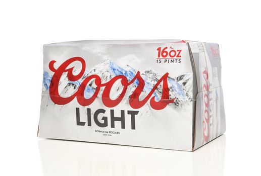 IRVINE, CALIFORNIA - APRIL 15, 22019: A 15 count package of Coors Light Aluminum Pint Bottles on white with reflection.