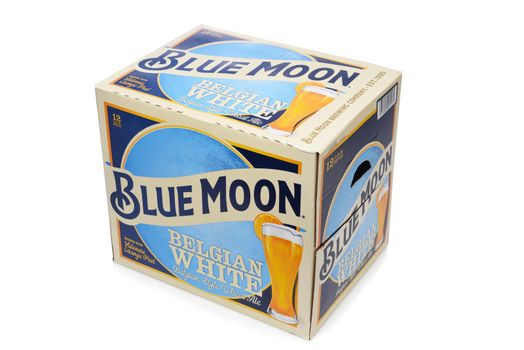 IRVINE, CALIFORNIA - 10 MAR 2020: A 12 pack of Blue Moon Belgian White Ale. 