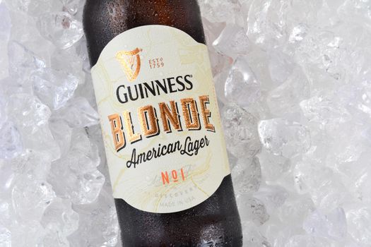 IRVINE, CA - JANUARY 12, 2015: A bottle of Guinness Blonde American Lager on a bed of ice.  Guinness has been producing beer in Ireland since 1759.