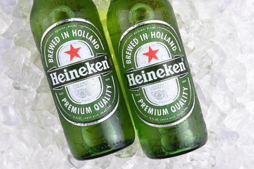 IRVINE, CA - MAY 29, 2017: Heineken Beer bottles closeup. Since 1975, most Heineken beer has been brewed at the brewery in Zoeterwoude, Netherlands.