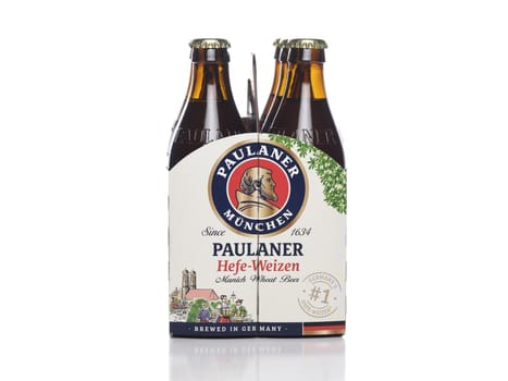 IRVINE, CALIFORNIA - 29 NOV 2020: End shot of a 6 pack of Paulaner Hefe-Weizen Beer, from Bavaria, Germany.