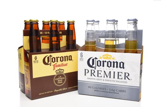 IRVINE, CALIFORNIA - MARCH 21, 2018: A six pack of Corona Premier and Familiar. The imported Mexican beers are among the brands by  Grupo Modelo.