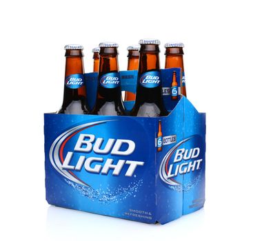 IRVINE, CA - MAY 25, 2014: A three quarters view of a 6 pack of Bud Light beer. From Anheuser-Busch InBev, Bud Light is the number one selling domestic beer in the United States.