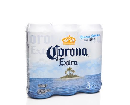 IRVINE, CALIFORNIA - MARCH 21, 2018: Three pack of 24 ounce Corona Extra Cans. Corona Extra is a pale lager produced by Cerveceria Modelo in Mexico for domestic distribution and export.