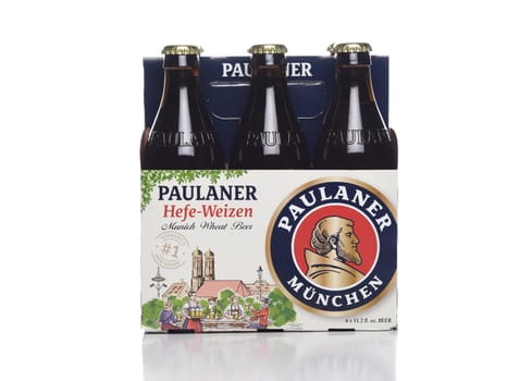 IRVINE, CALIFORNIA - 29 NOV 2020: Side view of a 6 pakc of Paulaner Hefe-Weizen Beer from Germany.