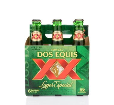 IRVINE, CA - MAY 25, 2014: A 6 pack of Dos Equis Lager Especial. Founded in 1890 from the Cuauhtemoc-Moctezuma Brewery in Monterrey, Mexico a subsidary of Heineken International.