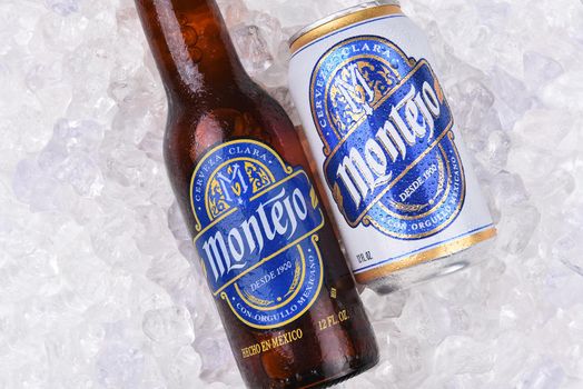 IRVINE, CALIFORNIA - AUGUST 26, 2016: Montejo Beer bottle and can in Ice closeup. Montejo was founded in 1900 by Jose Ponce Solis in Merida, Yucatan, Mexico.