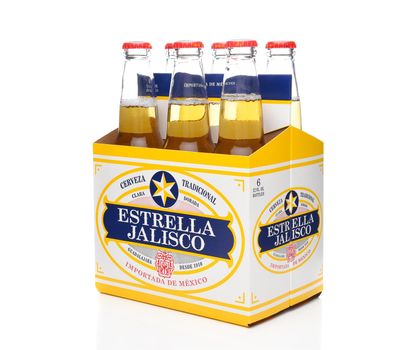 IRVINE, CALIFORNIA - MARCH 21, 2018: Six pack of Estrella Jalisco Beer side end view. Estrella Jalisco is a American Lager style beer brewed by Grupo Modelo,