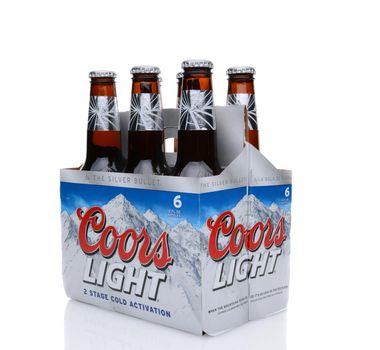 IRVINE, CA - MAY 25, 2014: A 6 pack of Coors Light Beer, 3/4 view. Coors operates a brewery in Golden, Colorado, that is the largest single brewery facility in the world.