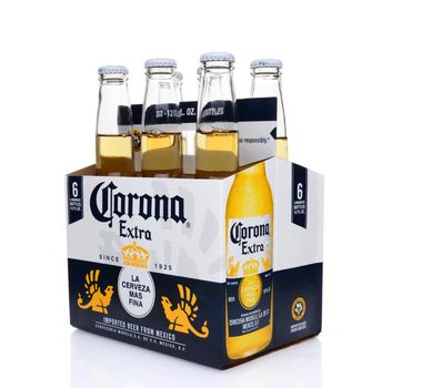 IRVINE, CA - MAY 25, 2014: A 6 pack of Corona Extra Beer, 3/4 view. Corona is the most popular imported beer in the United States.