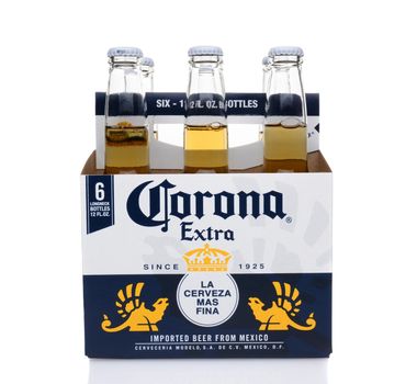 IRVINE, CA - MAY 25, 2014: A 6 pack of Corona Extra Beer, side view. Corona is the most popular imported beer in the United States.