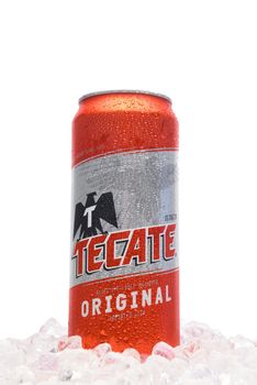 IRVINE, CALIFORNIA - MARCH 21, 2018: Tecate Original Cerveza on ice. 